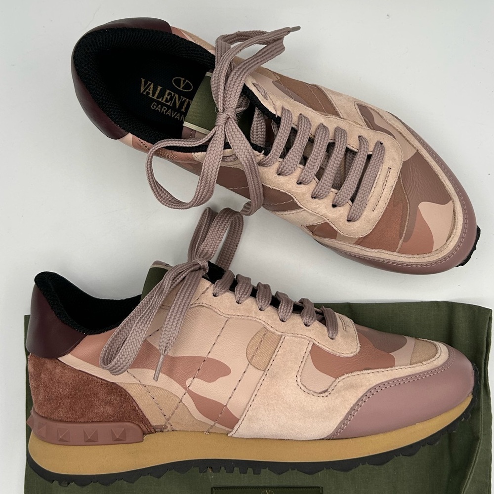 Valentino Garavani Sz 37.5 Rockstud Sneakers Pink Camouflage Shoes Designer